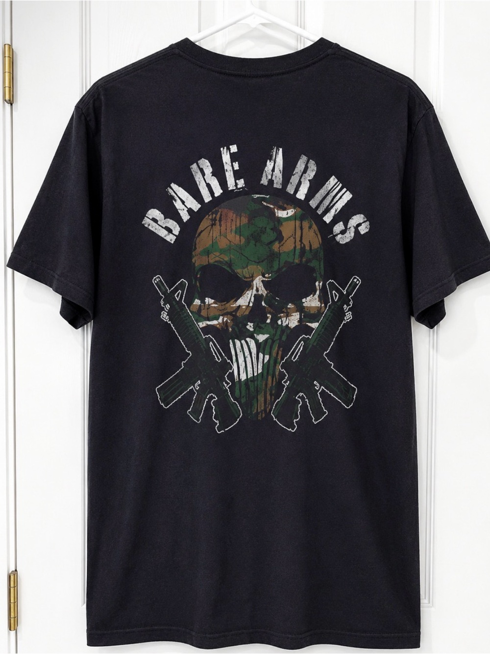 Bare Arms Black Graphic short sleeve Tshirt Camouflage Skull rifles guns militar